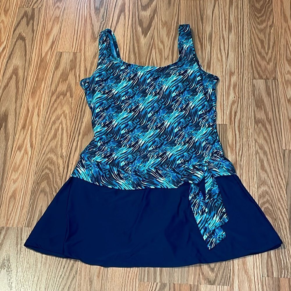 Alisha Levine Swim Dress, tummy control, skirt , Navy, Teal, 8